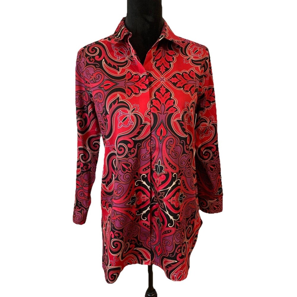 Chicos Size 0P Womens Small Petite No Iron Paisley Collared Button Front